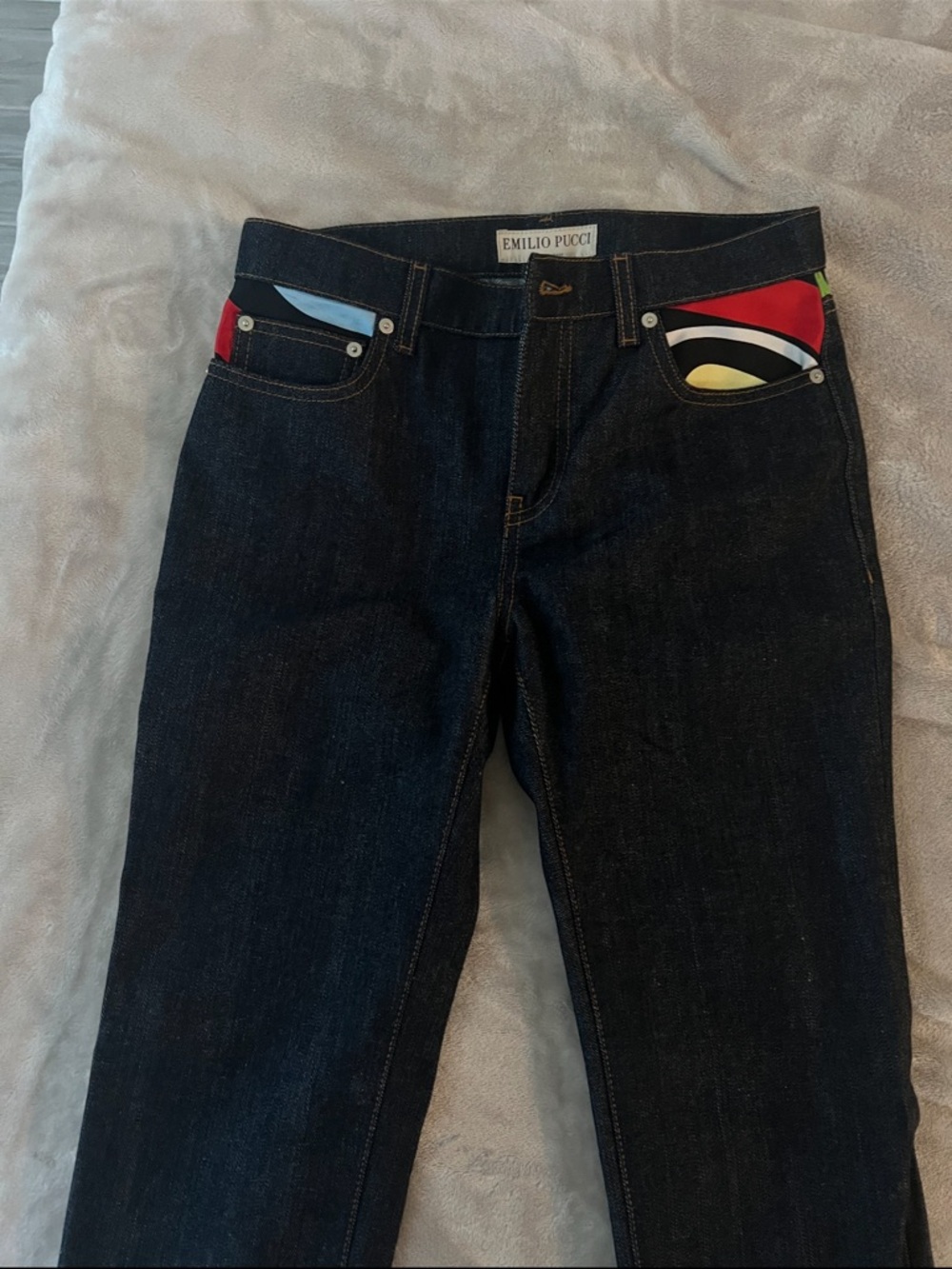Emilio Pucci Dark Indigo Jeans with Red, Blue & Yellow Pocket Accents